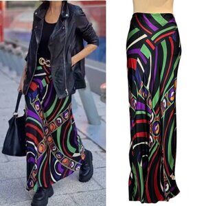 Zara Y2K Printed Satin Maxi Skirt Sz S 90s 70s Geometric Maximalist Psychedelic